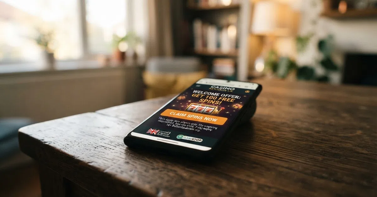 A smartphone screen showing a UK online casino free-spins promotion page with a “Claim Spins” button, the wagering terms visible in smaller text beneath, and the UK Gambling Commission logo in the footer