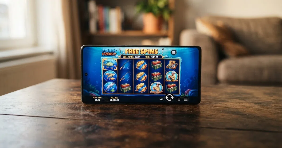 A smartphone screen showing a colourful online slot game with five reels and Free Spins text set against a plain background