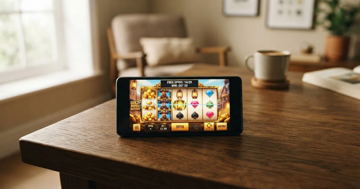 A smartphone screen showing a UK online casino slot game with a free-spins counter overlay and a padlock icon indicating UKGC licensing