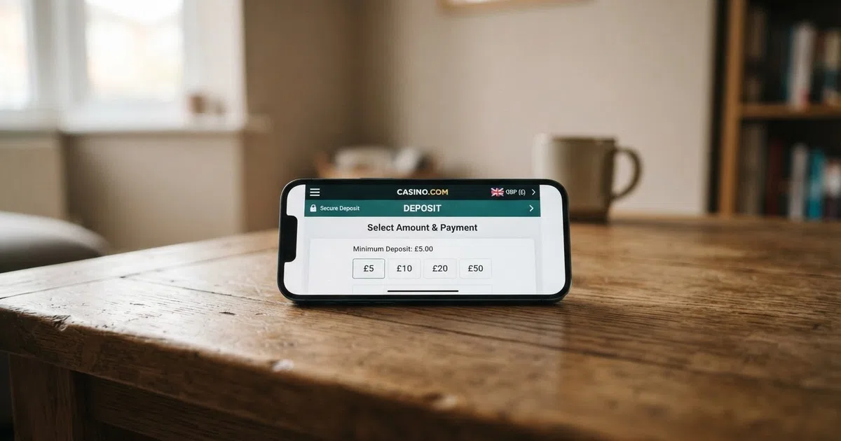 A smartphone displaying a UK online casino deposit screen with a low minimum-deposit amount visible on the cashier page