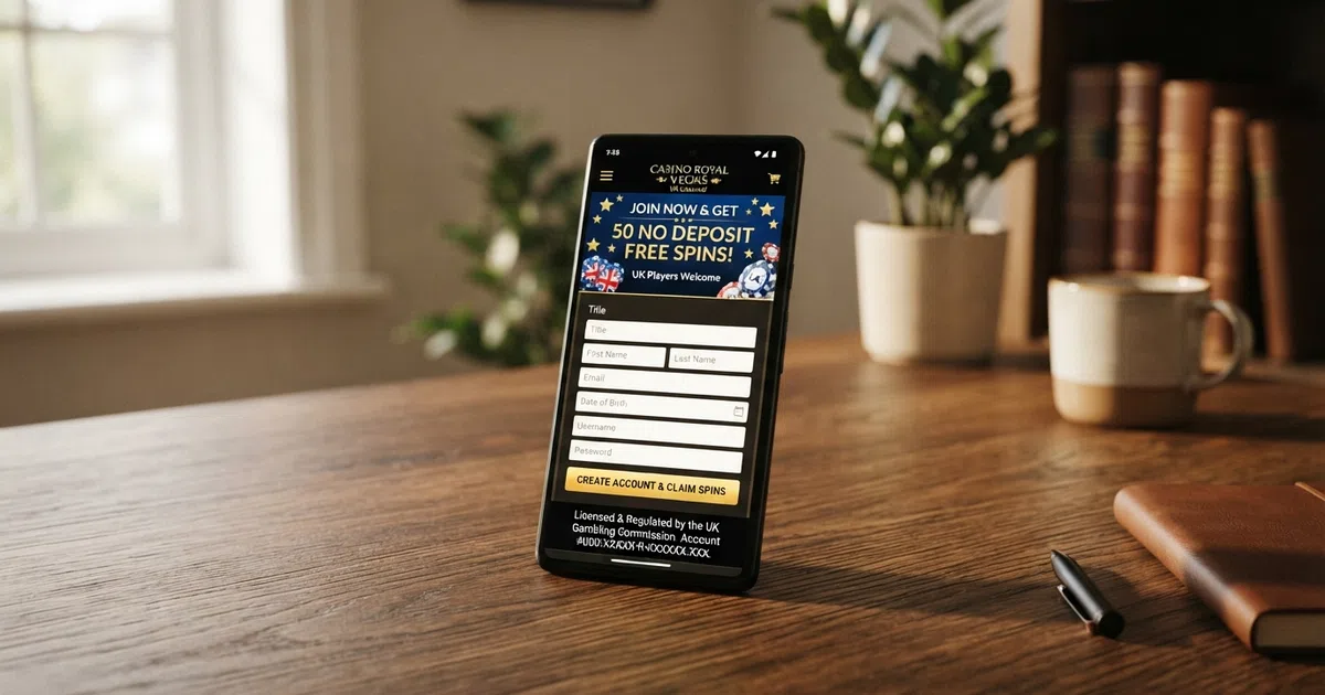 A smartphone screen displaying a UK online casino registration page with a free-spins welcome banner and a Gambling Commission licence reference in the footer