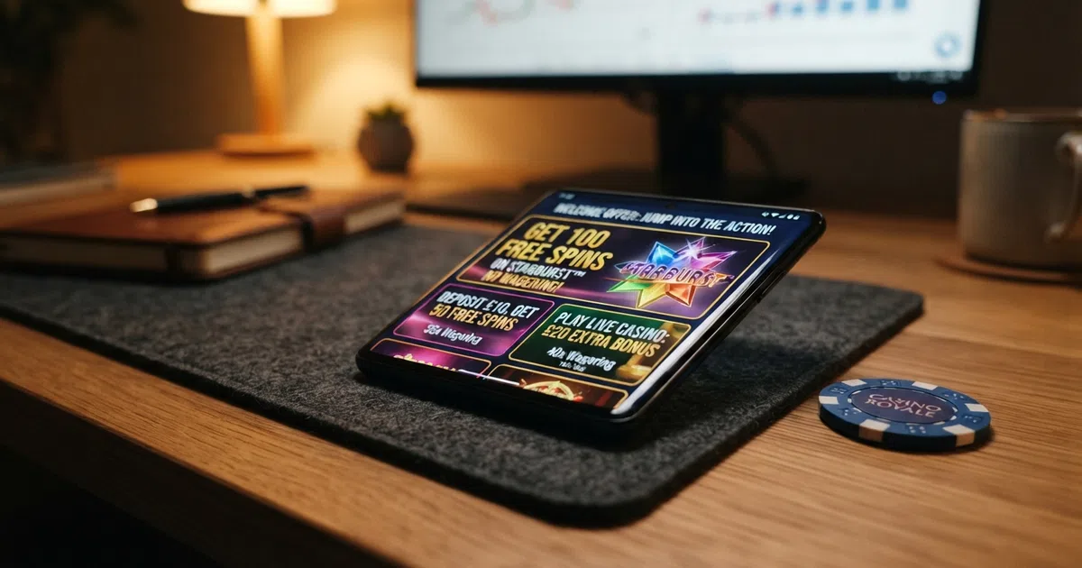 A grid of UK online casino welcome-offer banners with free-spin counts and wagering labels displayed on a smartphone screen