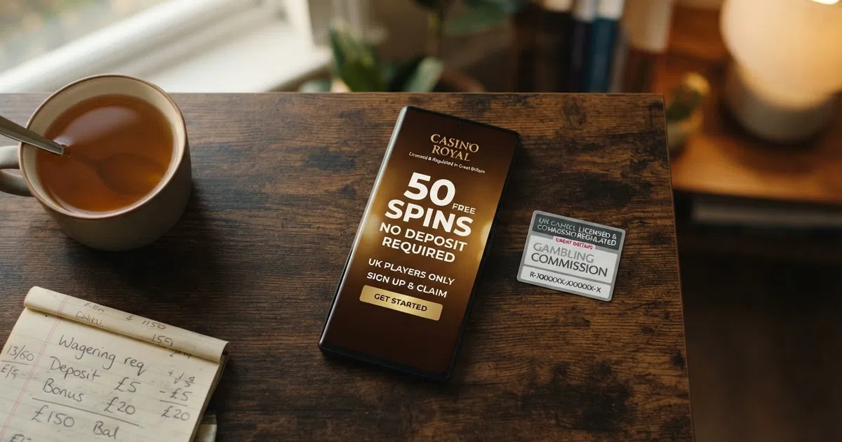 A smartphone screen displaying a UK online casino welcome screen with “50 Free Spins No Deposit” visible, beside a UKGC licence badge