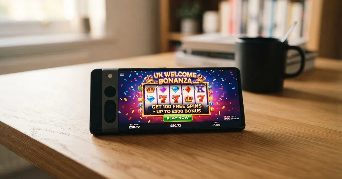 A UK casino welcome-offer landing page showing a large free-spins promotion badge beside a smartphone displaying a slot game, with the UK Gambling Commission logo visible in the footer