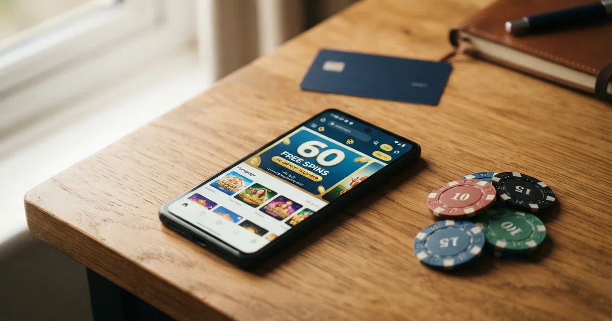 A smartphone screen displaying a UK-licensed online casino free-spins promotional banner beside a stack of casino chips and a debit card, with the Gambling Commission logo visible in the corner