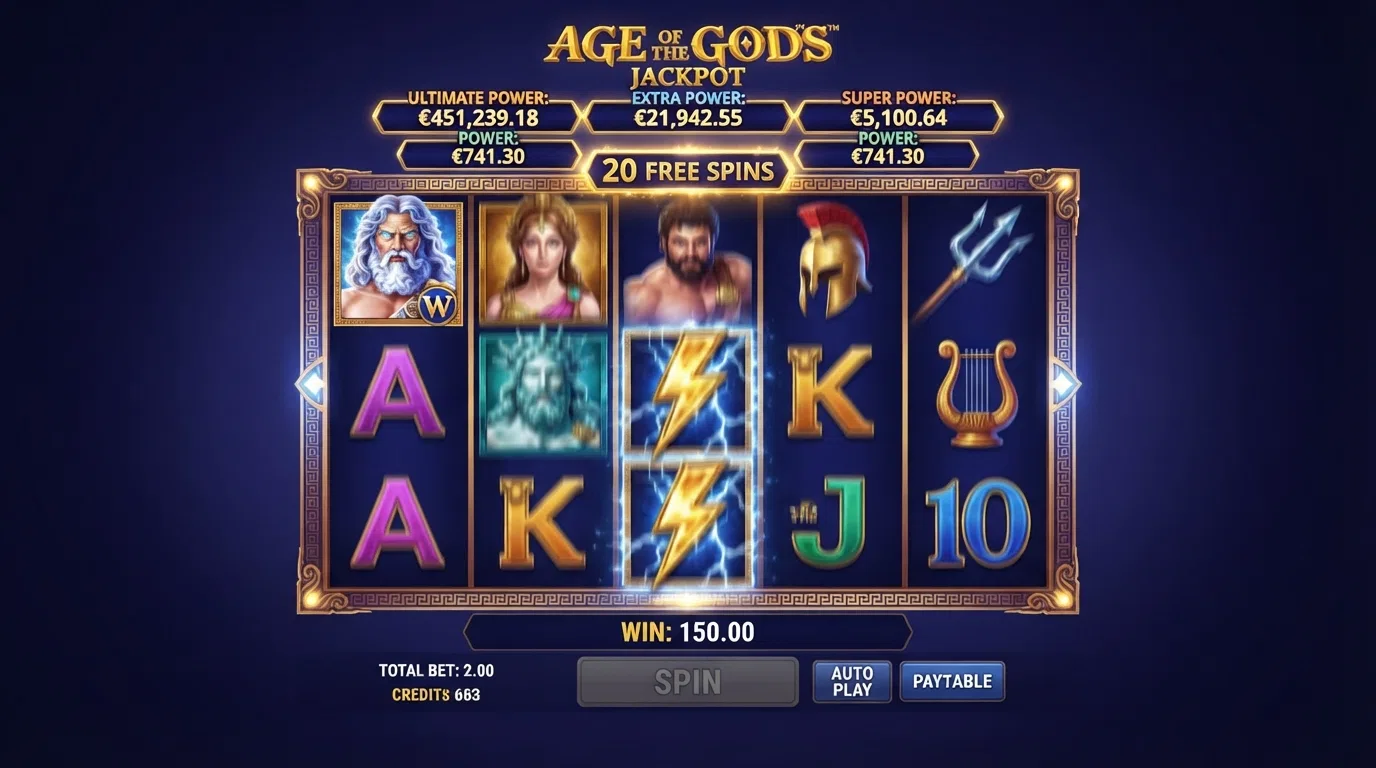 The Age of the Gods slot reel set in play, showing the Greek-god symbols across five reels with the progressive jackpot meter visible above the grid