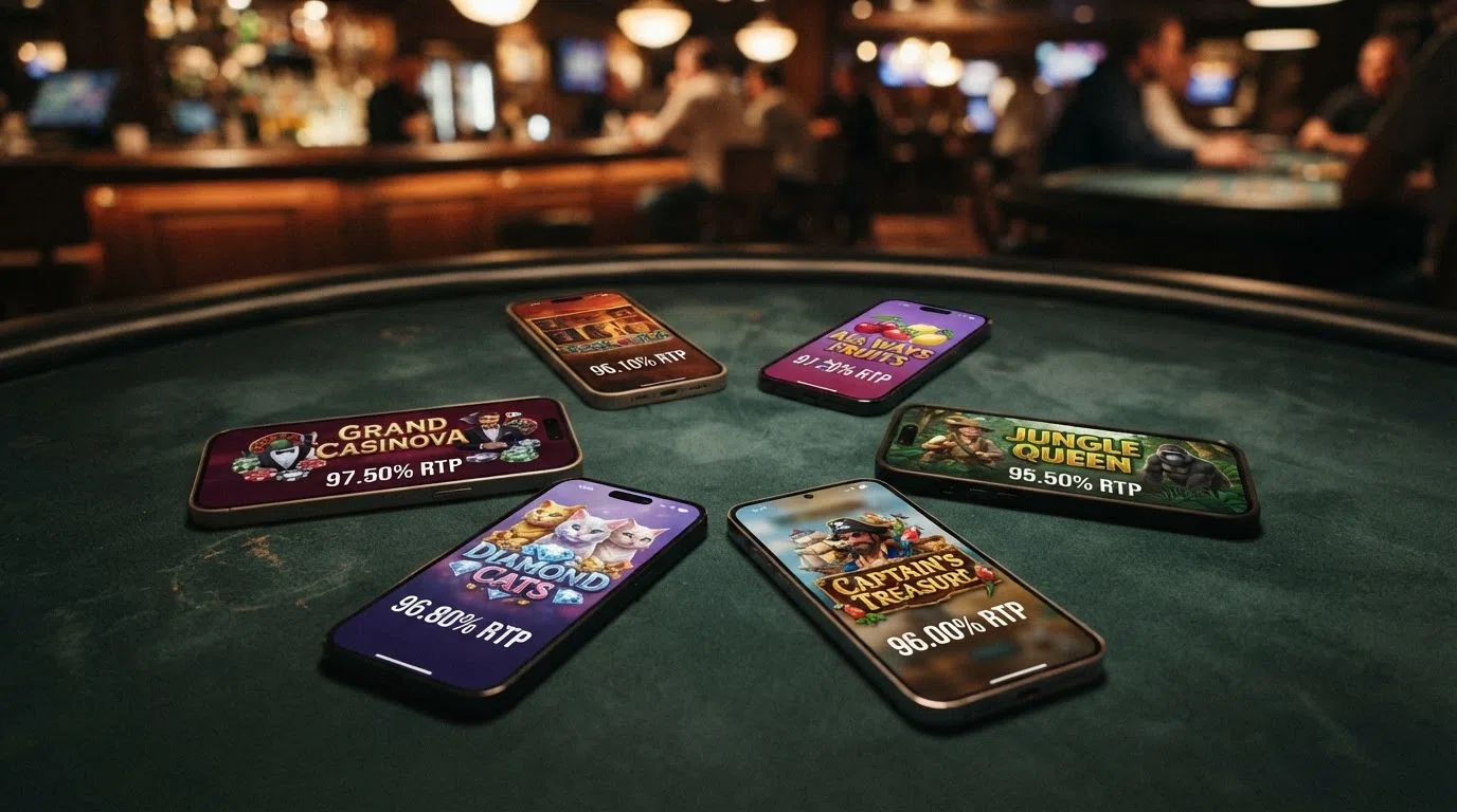 A side-by-side montage of the six highest-RTP Amatic slot title screens — Relic Riches, Book of Aztec Dice, Book of Fortune, Hottest Fruits 20, Diamond Monkey and Grand Casanova — with each game's RTP percentage overlaid on its tile
