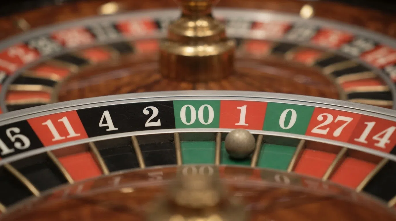 Close-up of the double-zero pocket on an American roulette wheel, the green 00 slot sitting between black 2 and red 1, with the neighbouring 0 also visible in green