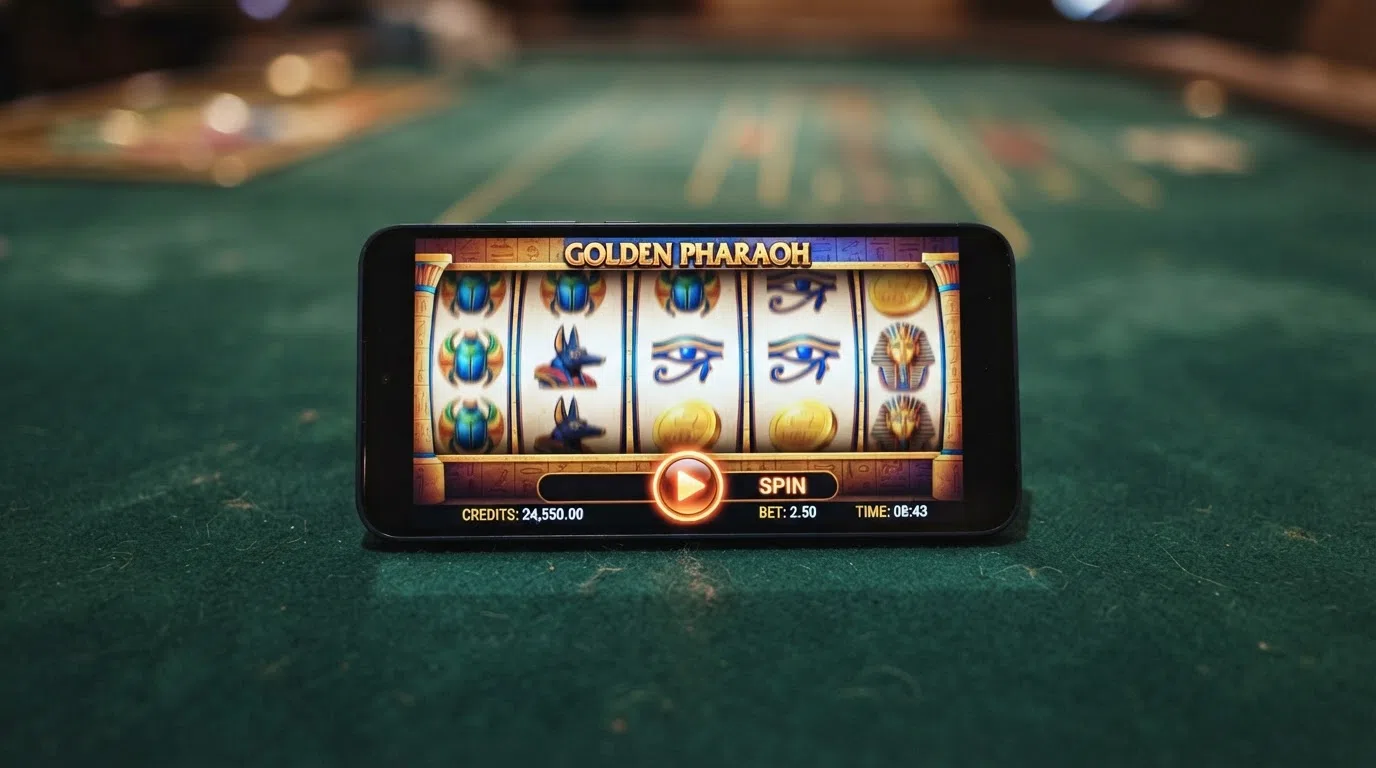 An Android phone in landscape orientation displaying a slot game reels with the spin button, balance display and session timer visible on screen