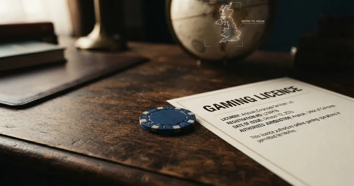A casino chip marked with the Anjouan islands beside a document labelled Anjouan gaming licence, the United Kingdom shown as a restricted region