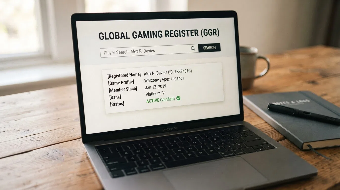 A laptop screen showing a search box on the Anjouan gaming public register with a licence number entered