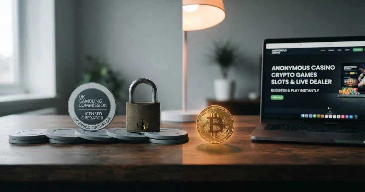A split-composition screen: on the left, a UK Gambling Commission badge and a padlock over a row of casino chips; on the right, a glowing Bitcoin symbol hovering over an open laptop displaying a casino lobby with no login fields visible