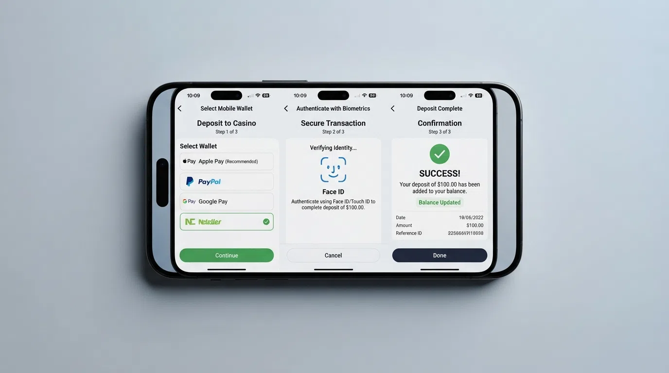 A step-by-step diagram showing the Apple Pay deposit flow: iPhone screen → Face ID confirmation → casino balance updated, overlaid with a timeline