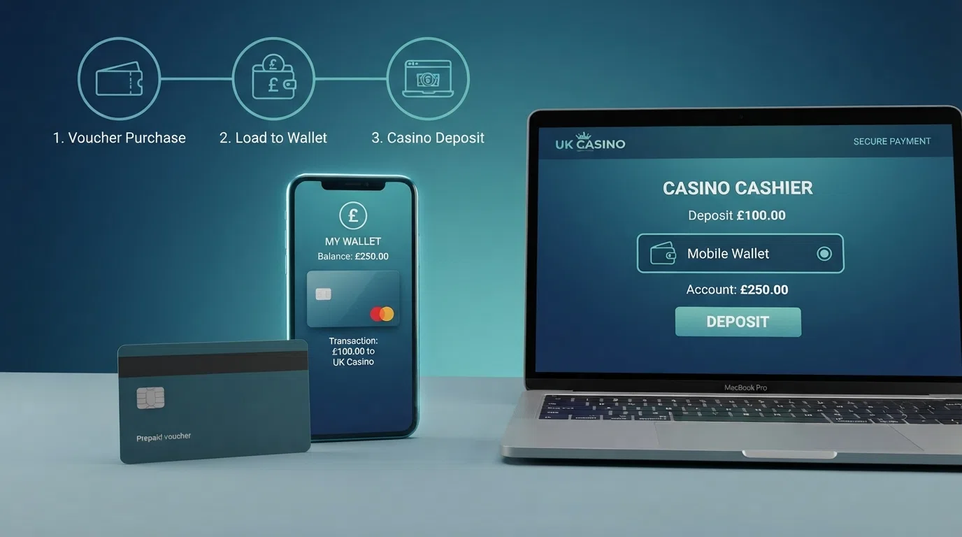 A step-by-step illustration of the AstroPay casino payment flow: UK debit card → AstroPay wallet → casino deposit → gameplay → withdrawal back to AstroPay wallet