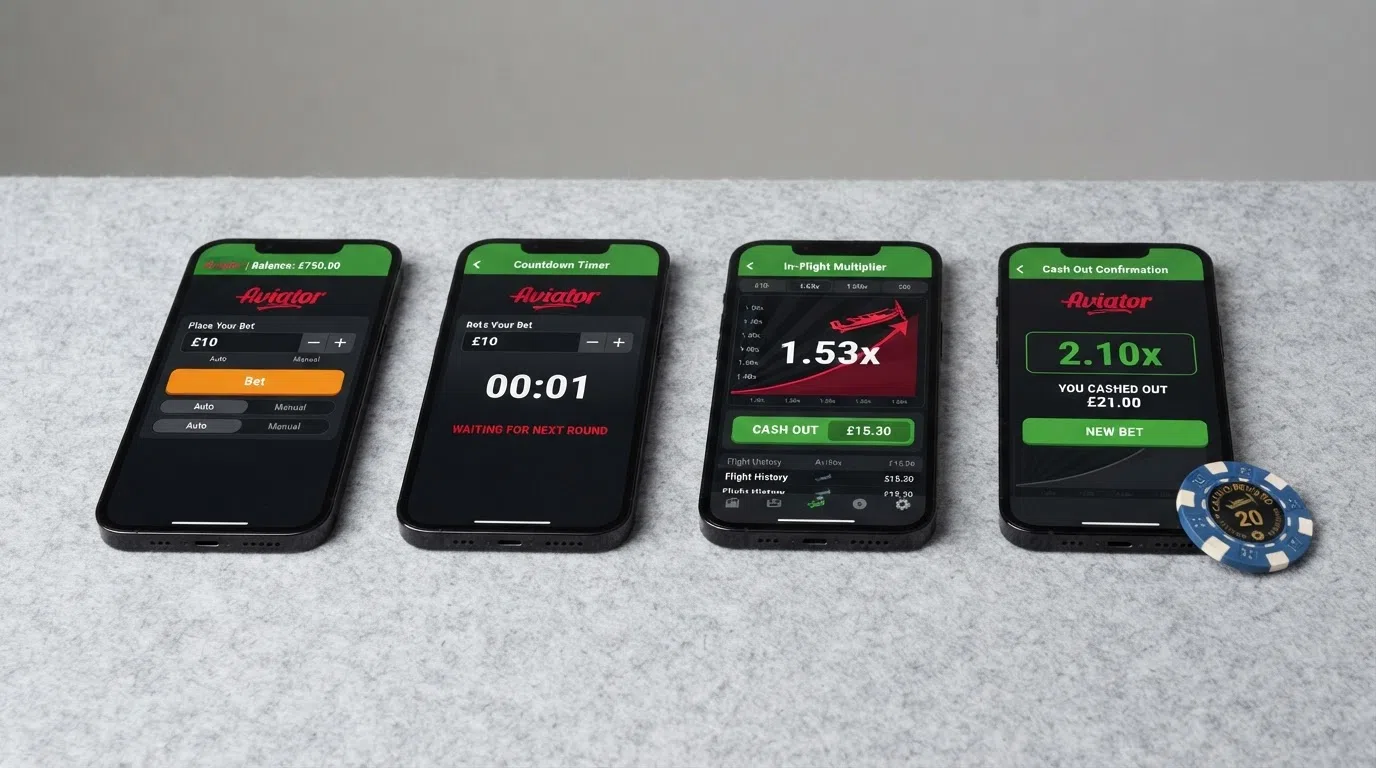A visual step-by-step of an Aviator round — bet placement panel, the countdown timer, the multiplier in flight, and the cash-out confirmation screen side by side