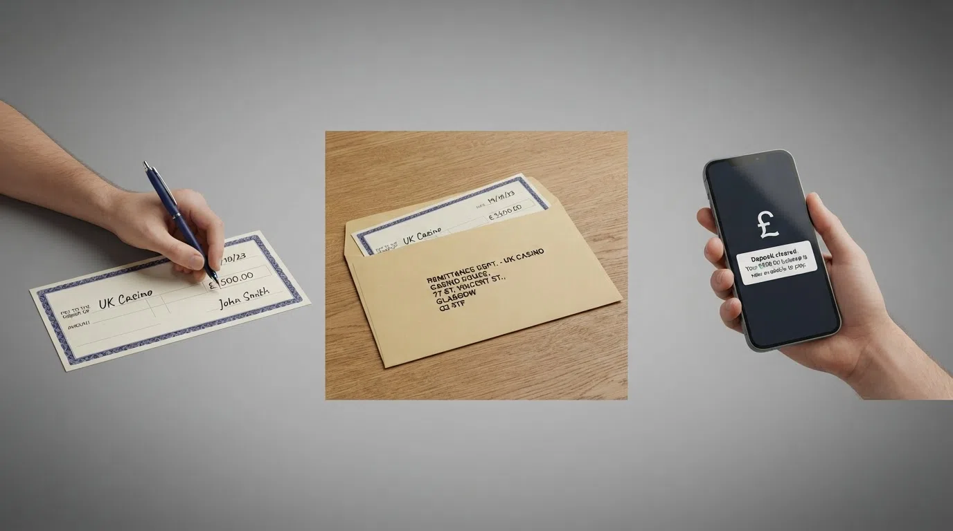 Three illustrated stages showing a bank cheque being written, mailed to a casino, and the funds appearing in a player account