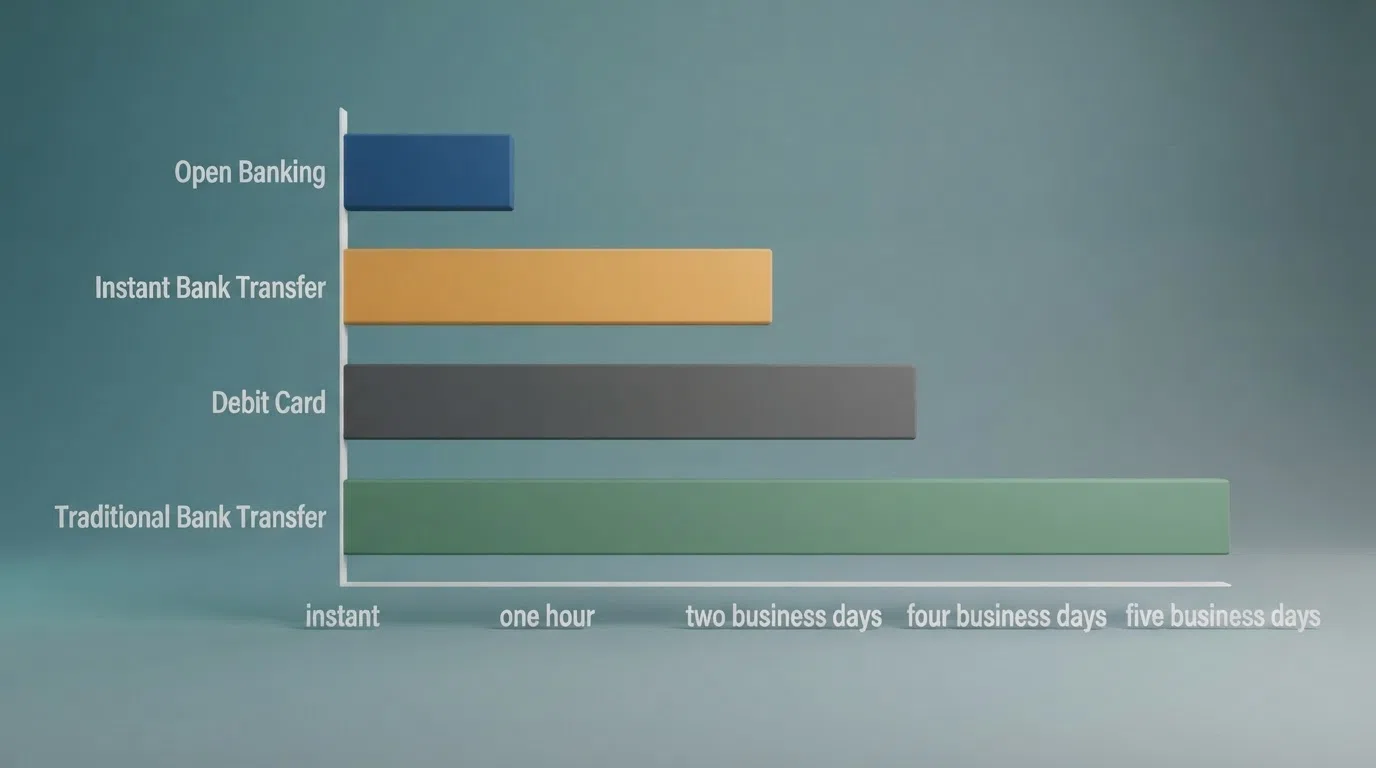 A visual comparison of deposit and withdrawal timelines across Open Banking, instant bank transfer, debit card and traditional bank transfer, shown as a horizontal bar chart with time markers from instant to five business days