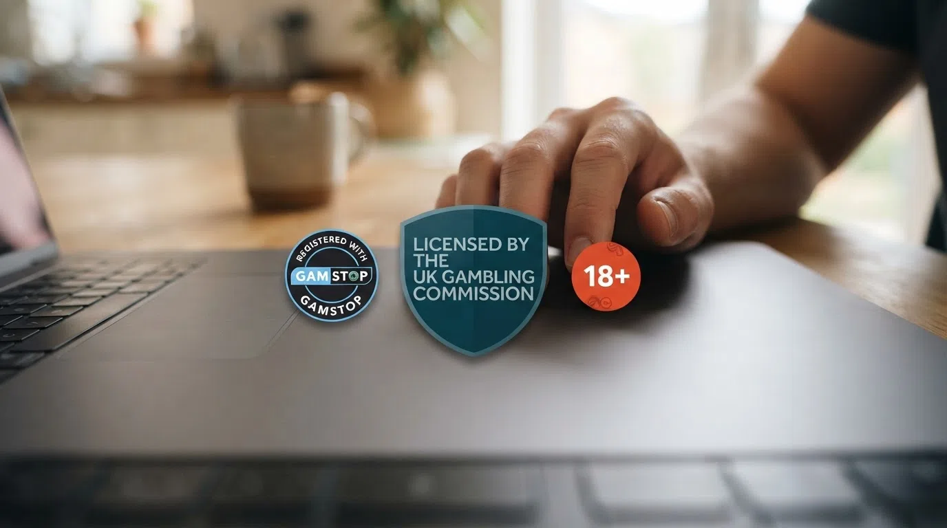 A close-up of a UKGC licence badge on a casino footer beside a GamStop logo and an 18+ age-verification marker