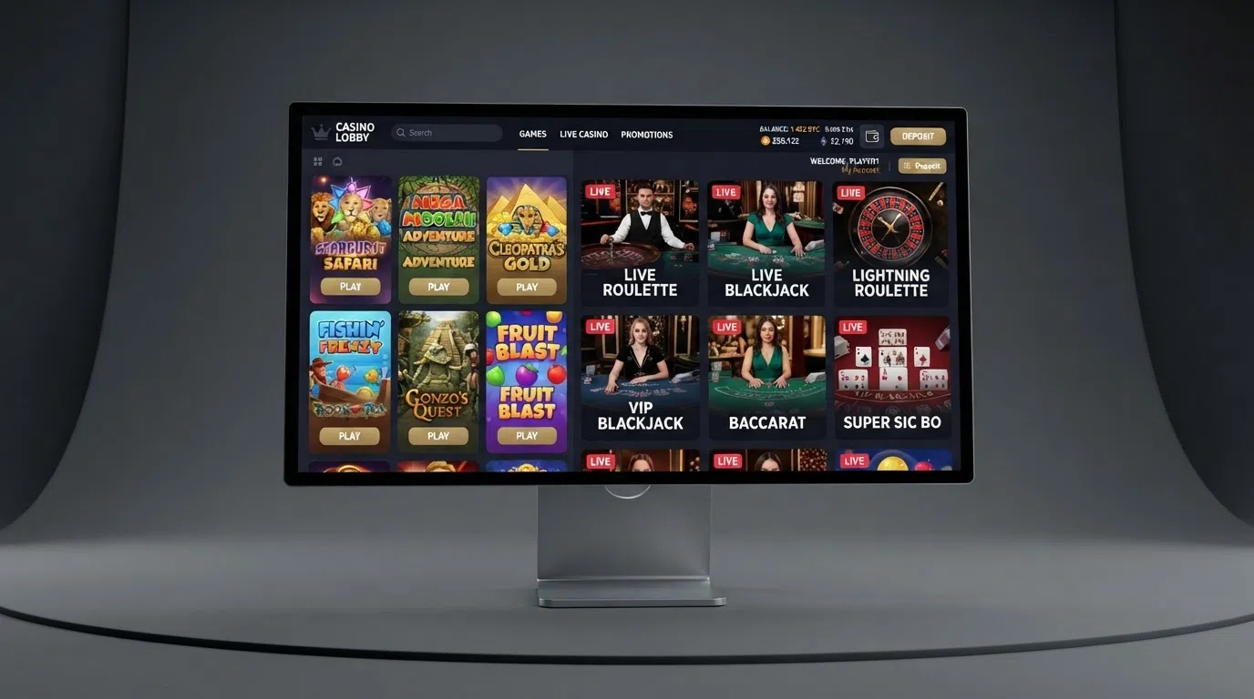 A casino game lobby displaying slot tiles from Pragmatic Play, Evolution live-dealer tables, and a BCH balance in the top-right corner, on a desktop screen