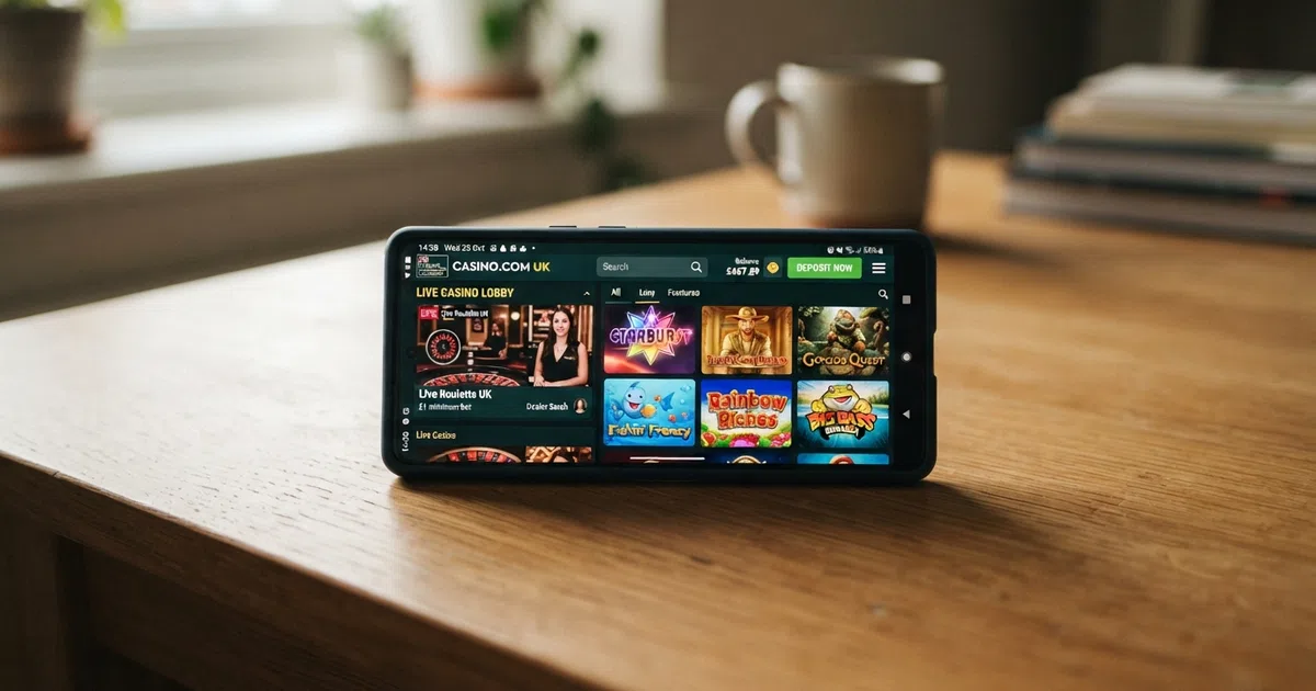 A UK Android phone screen showing a licensed casino lobby with slot thumbnails, a live-dealer preview tile and a deposit button, set against a clean white or neutral background