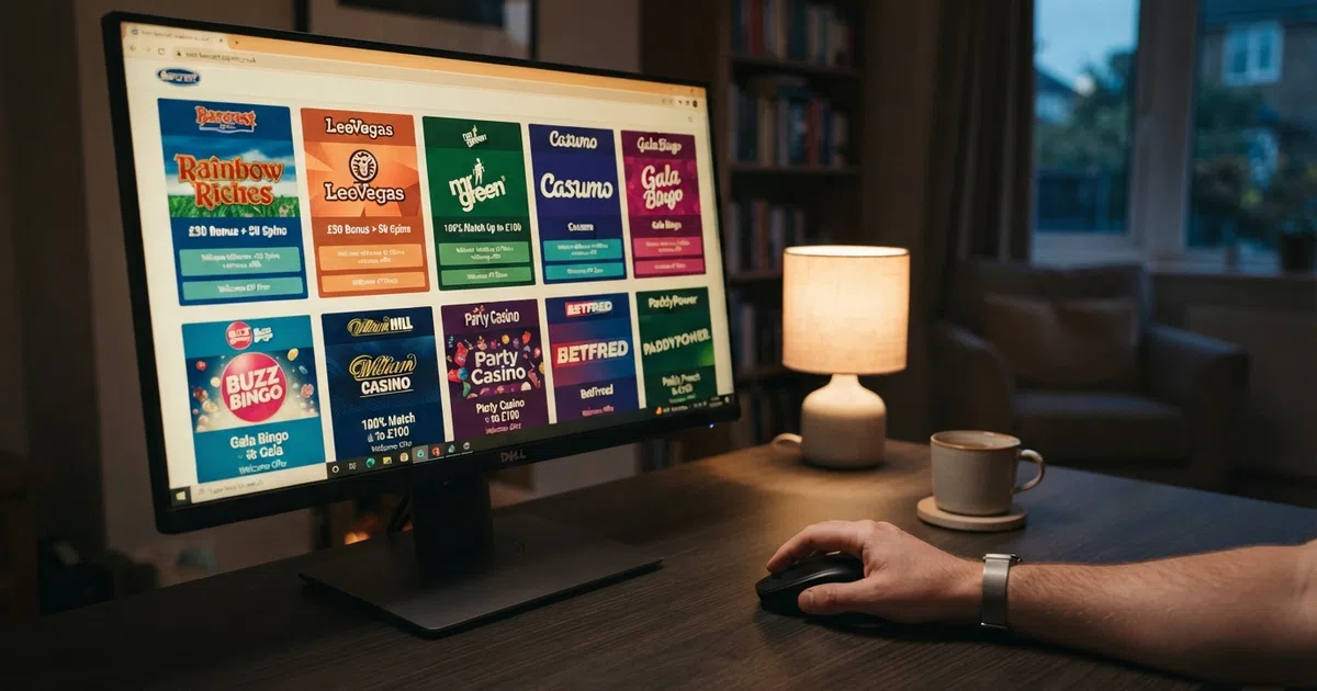 A desktop browser displaying a row of UK online casino homepages with Barcrest slot thumbnails and welcome-offer banners visible