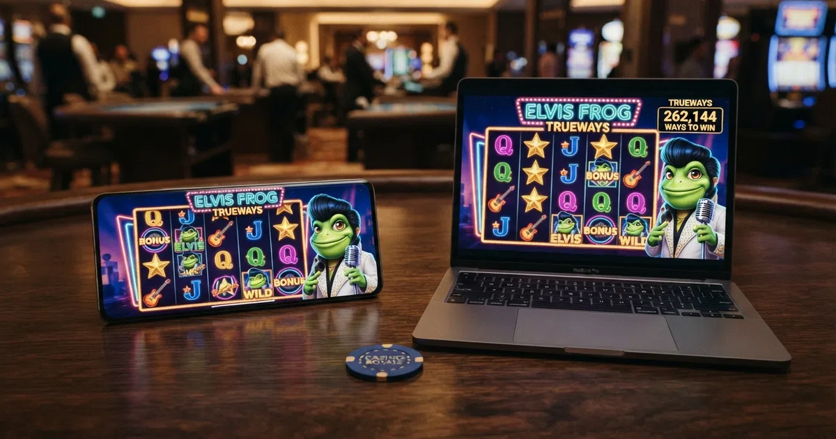 BGaming slot game displayed on a laptop and smartphone screen side by side, showing the same title running in a UK-licensed casino lobby