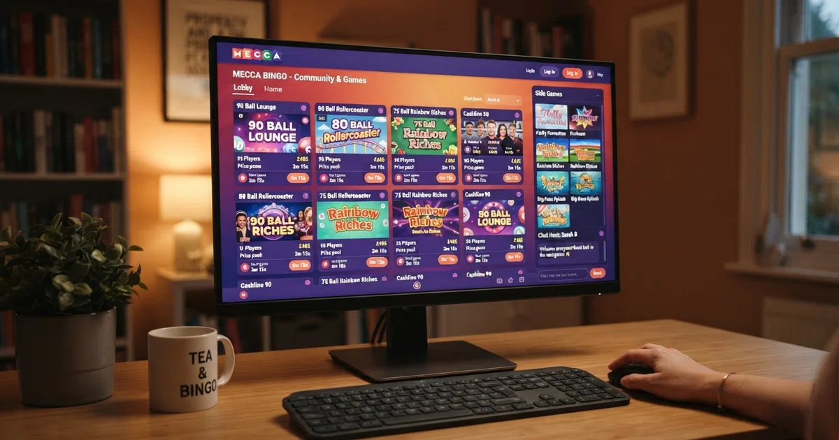 A desktop screen displaying a UK-licensed bingo casino lobby with bingo rooms listed alongside slot-game thumbnails and a side-game panel