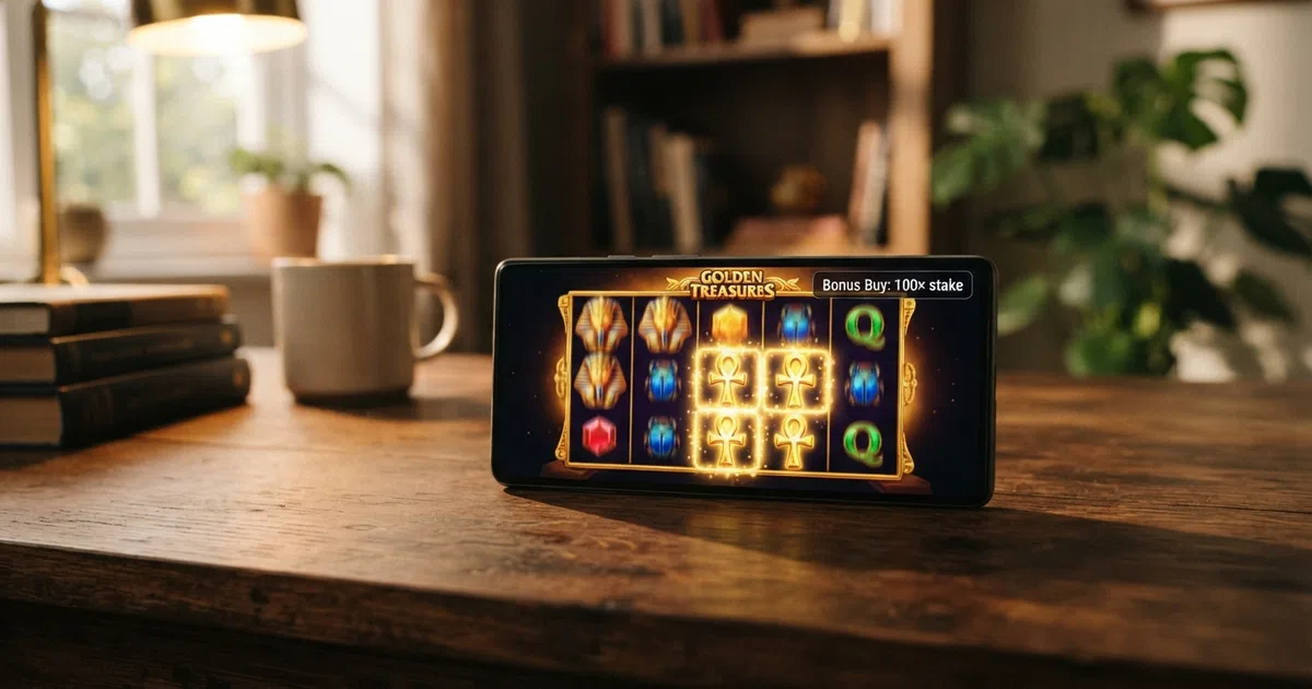 A close-up of an online slot game screen showing the spin button and a bonus-round preview panel with scatter symbols highlighted, overlaid with a translucent bonus buy cost indicator