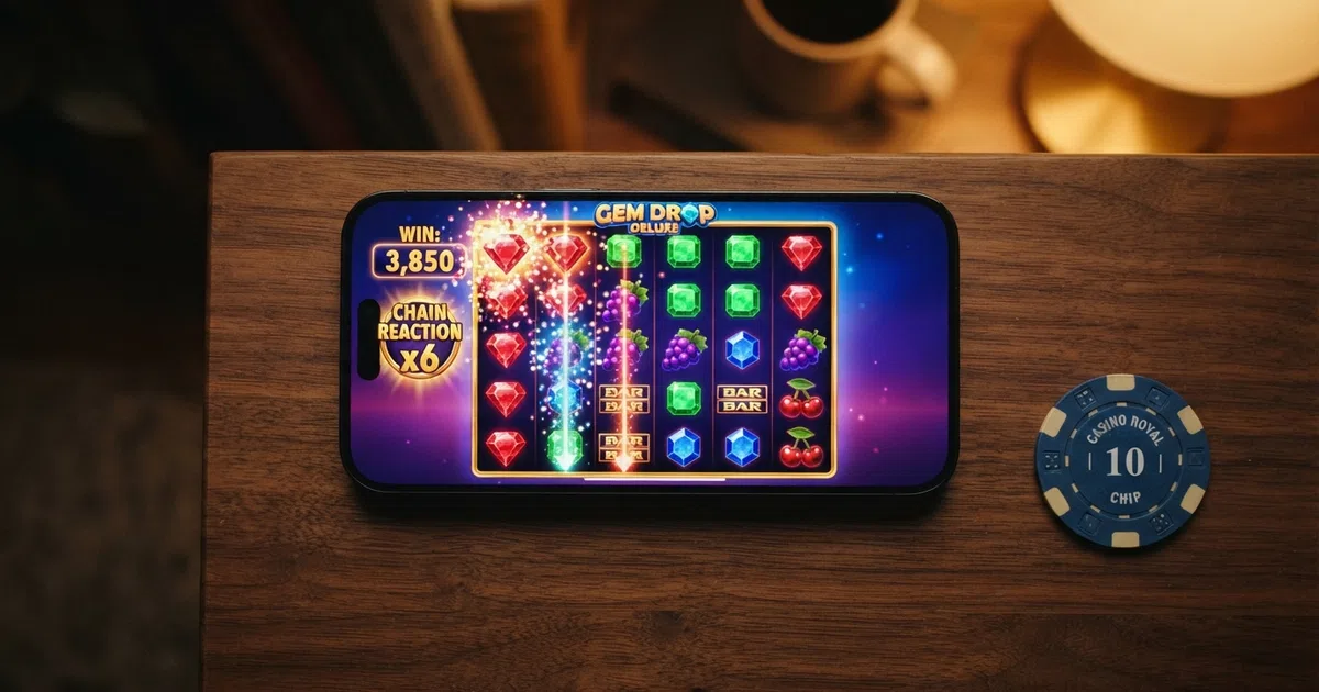 A cascading slot game grid mid-sequence — winning symbols disappearing from the reels as new symbols drop from above to replace them, with a chain-reaction counter visible on screen