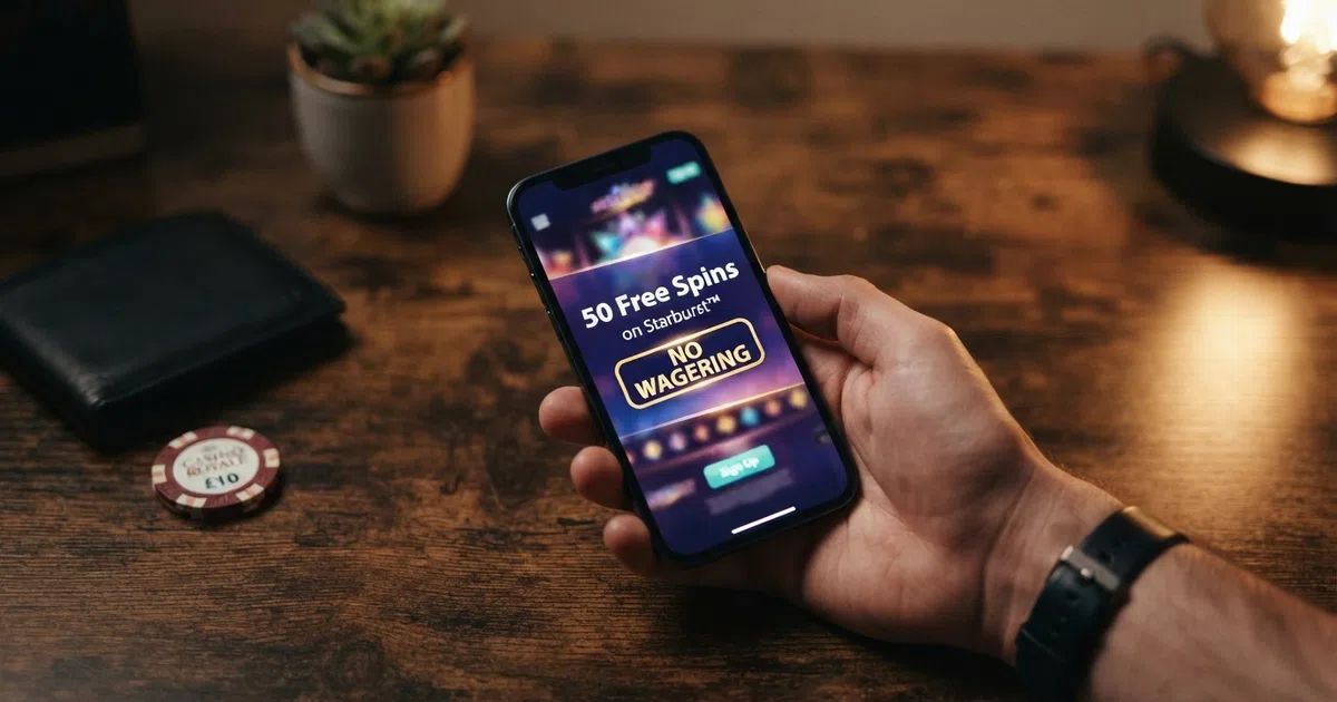 A UK online casino welcome screen showing a sign-up offer banner with free spins count and “no wagering” badge, overlaid on a smartphone held in a player's hand
