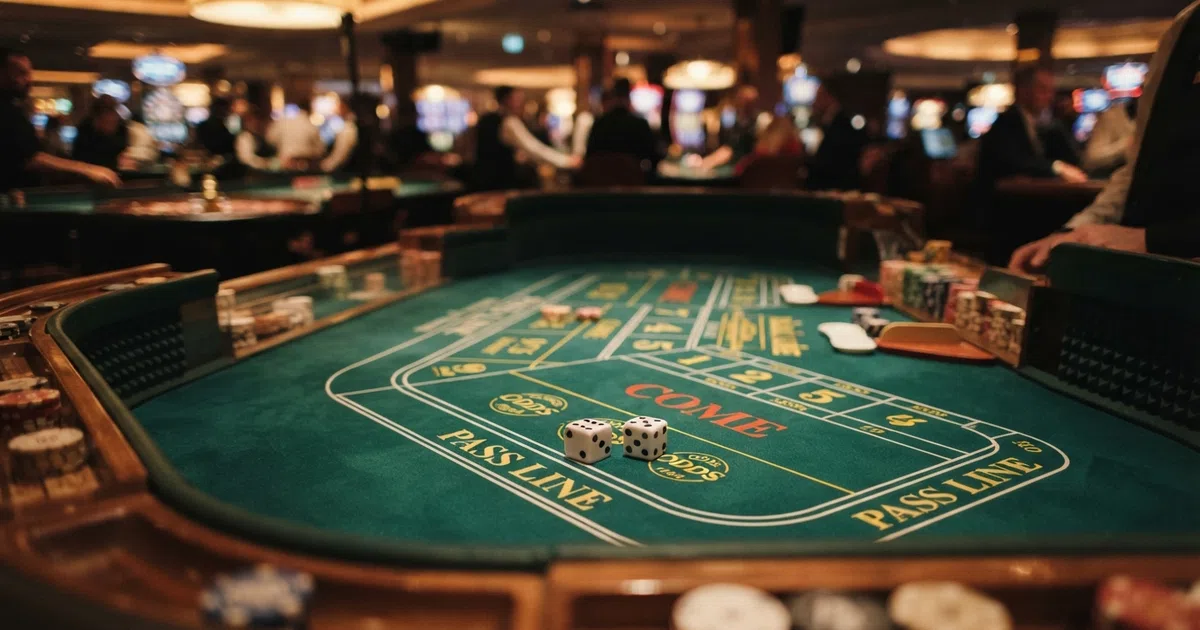 A close-up of two white casino dice resting on a green craps table felt with the Pass Line betting area in sharp focus
