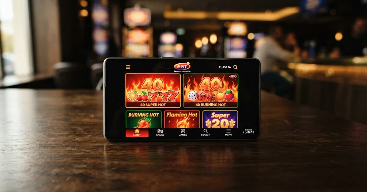 A grid of colourful EGT/Amusnet slot thumbnails including 40 Super Hot and 40 Burning Hot, displayed on a smartphone screen against a casino-lobby background