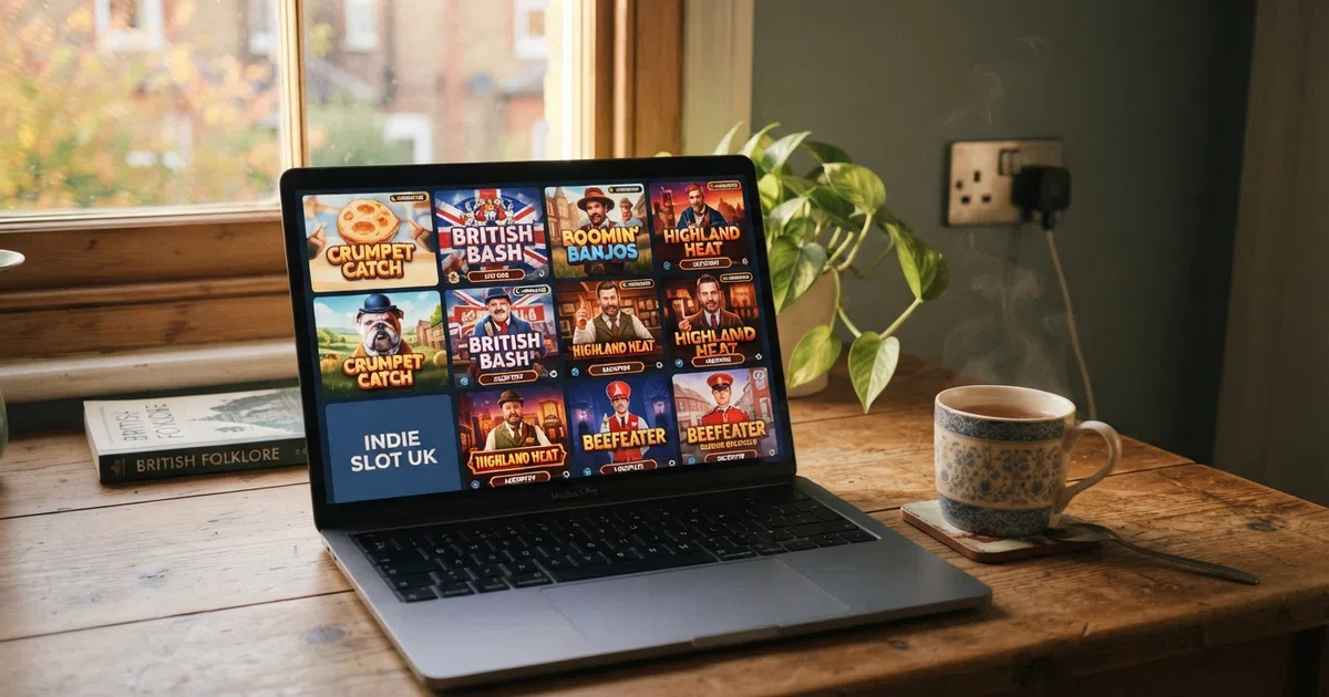 A laptop screen displaying a colourful Endorphina slot grid with the provider's logo visible; UK plug socket and a cup of tea on the desk beside it
