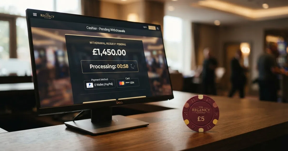 A casino cashier screen showing a withdrawal marked pending, with a countdown timer and a card and e-wallet icon beside it