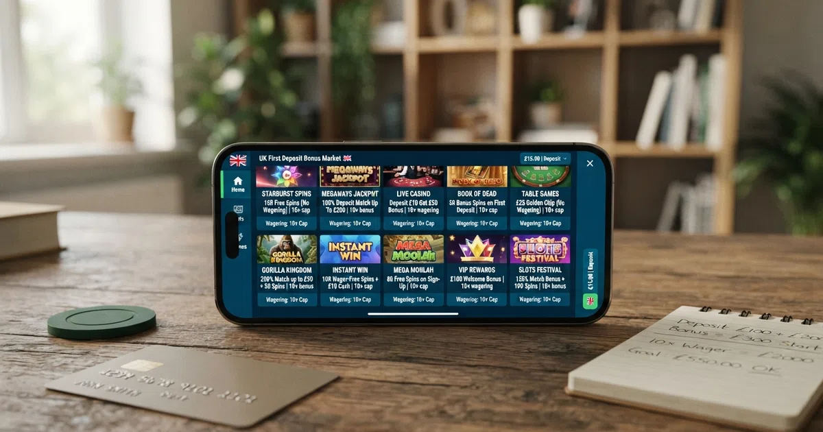 A comparison grid showing ten UK online casino operator logos arranged beside their first deposit bonus headline offers, with the wagering multiplier highlighted beneath each one