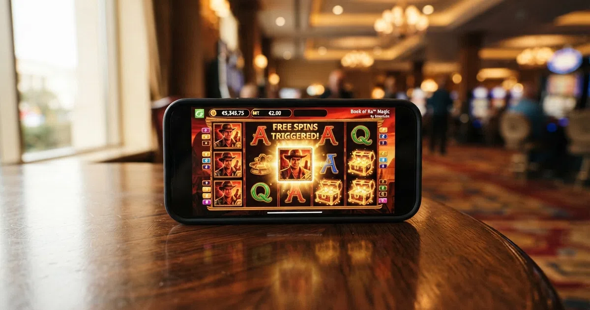A browser window open to a Greentube-powered casino lobby showing Book of Ra and Sizzling Hot Deluxe slot thumbnails arranged in a grid