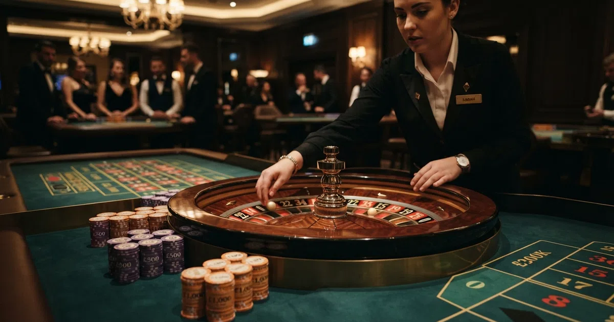 A high-stakes roulette table in a dimly lit casino interior with a dealer spinning the wheel and stacks of chips visible on the felt