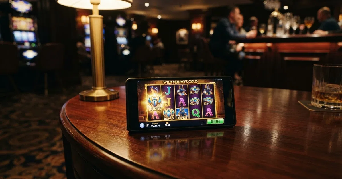 A grid of colourful online slot reels in motion, with one reel frozen mid-spin on a bonus symbol, set against a dark casino-style background