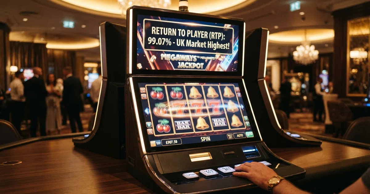 A grid of online slot reels showing payout symbols and a return percentage on screen