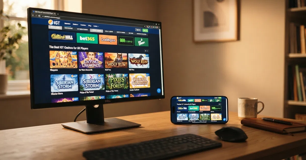 A grid of UKGC-licensed casino homepages and IGT slot tiles including Cleopatra and Da Vinci Diamonds, displayed on a desktop monitor and a smartphone