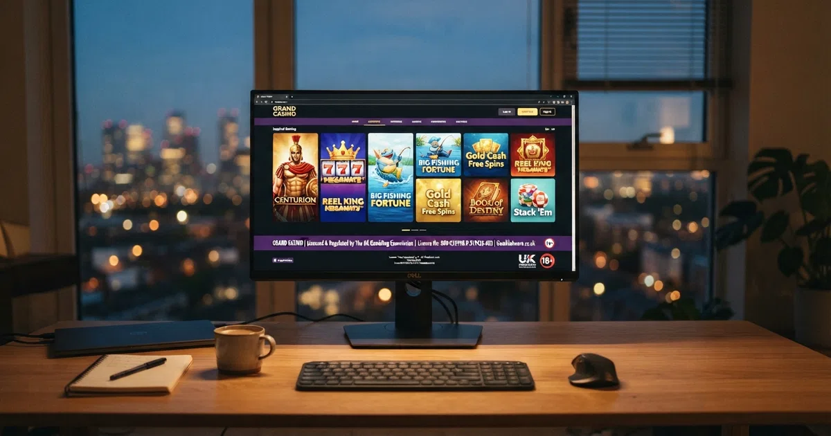 An online casino lobby screen showing Inspired Gaming slot tiles including Centurion, Reel King Megaways and Big Fishing Fortune, with a UKGC licence badge visible in the page footer