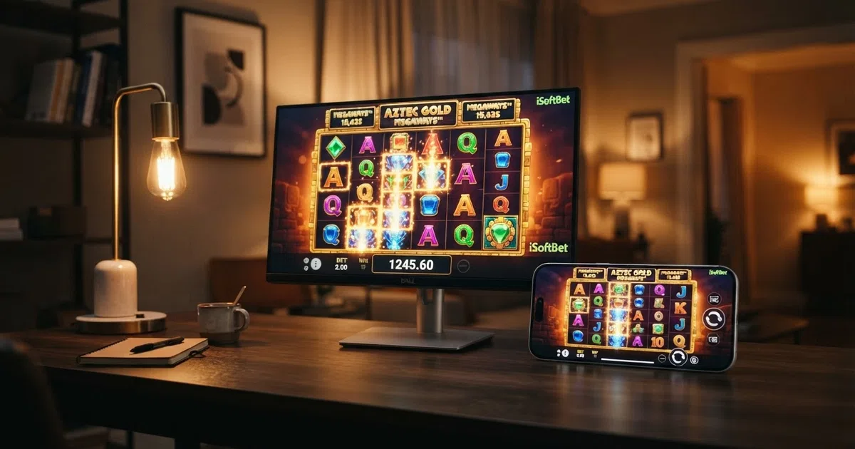 iSoftBet slot reels and a casino lobby screen side by side on a desktop monitor and a smartphone