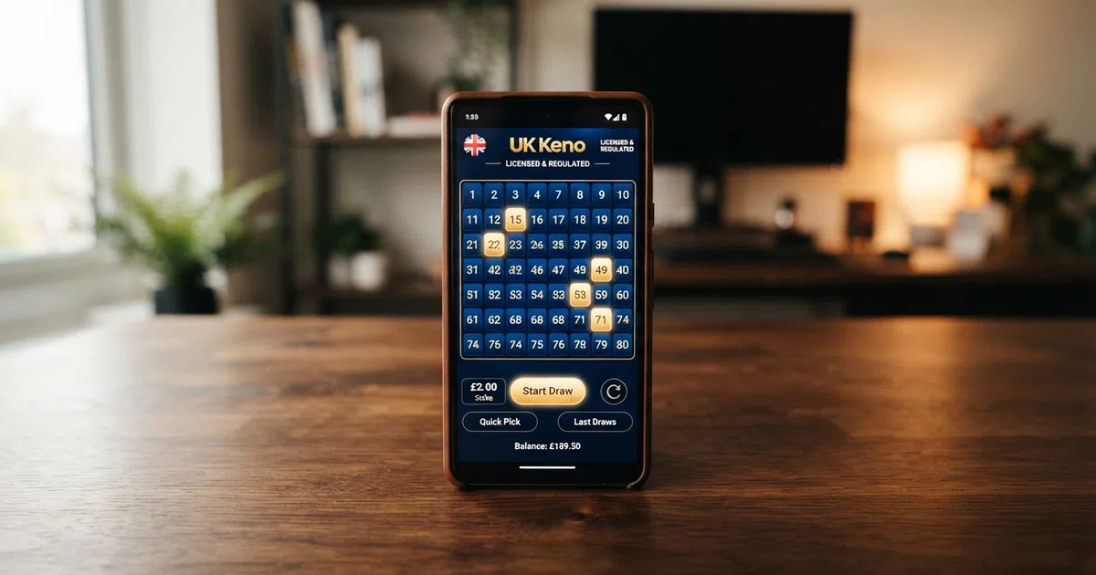 A grid of UK-licensed online casino homepages displayed across desktop and mobile screens, with keno game tiles visible in the lobby