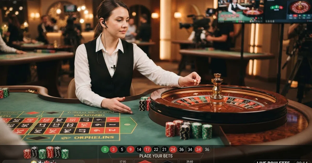 A live casino studio with a professional dealer seated at a roulette table, filmed by multiple overhead and front-facing cameras under studio lighting, with a betting grid overlay visible on screen