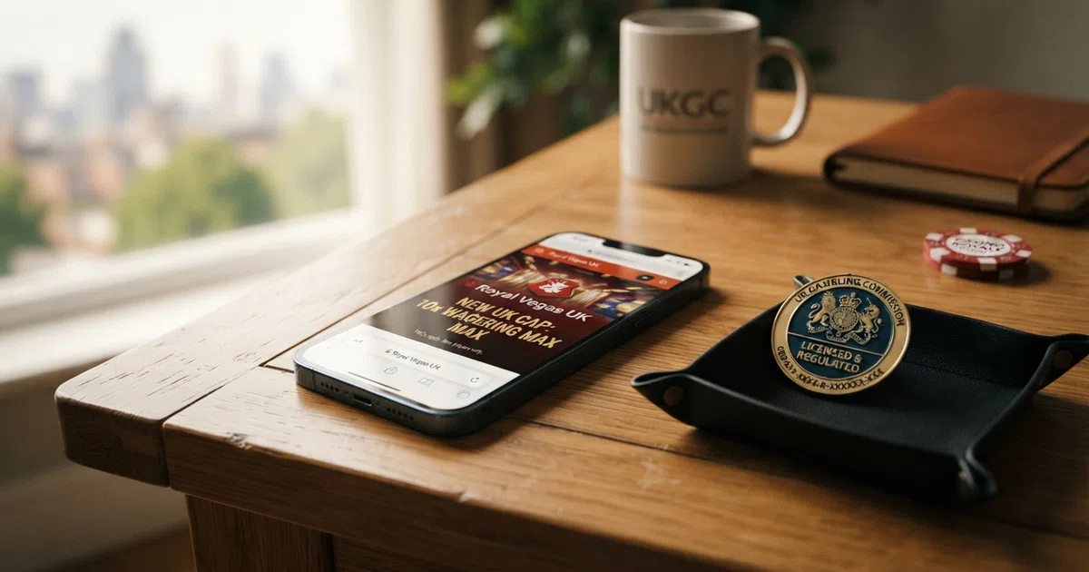 A UK Gambling Commission badge beside a mobile phone screen showing a casino bonus banner with the text “10x wagering max” highlighted in green.