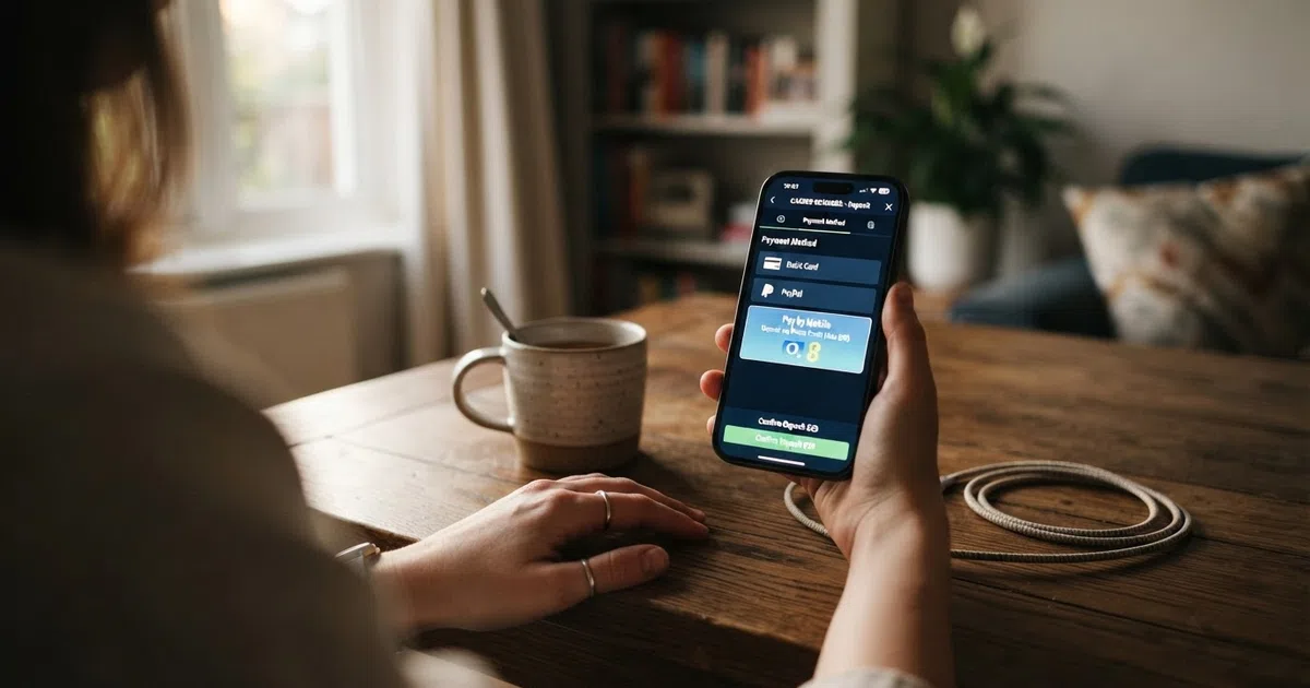 A UK player's hand holding a smartphone with a casino lobby screen visible and a payment method selector overlay showing the Pay by Mobile option highlighted