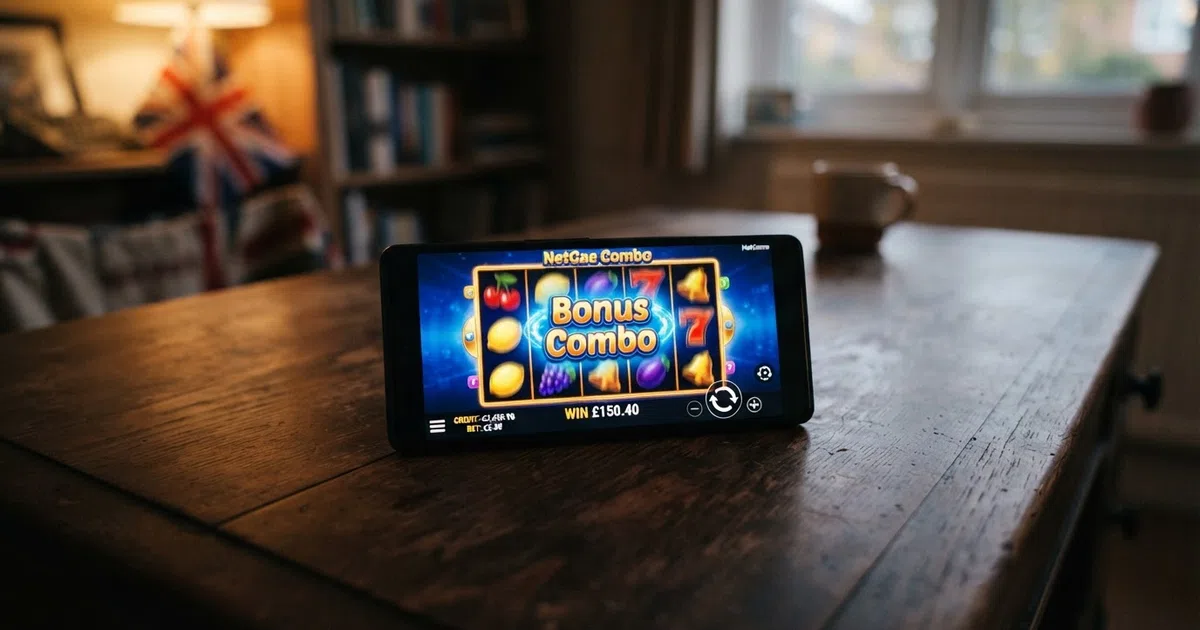 A grid of NetGame slot-title logos arranged around a smartphone showing a spinning reel, with a Union Jack element in the corner