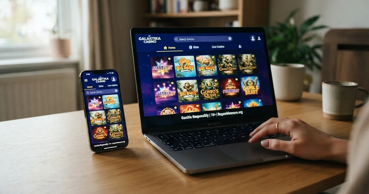 A desktop and mobile screen displaying the lobby of a modern UK-licensed online casino, with slot thumbnails, a search bar and a responsible-gambling banner visible