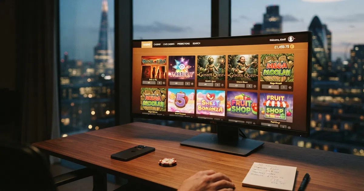 A grid of UK-licensed online casino homepages or lobby screens showing Novomatic and Greentube slot thumbnails, with a UK Gambling Commission logo visible