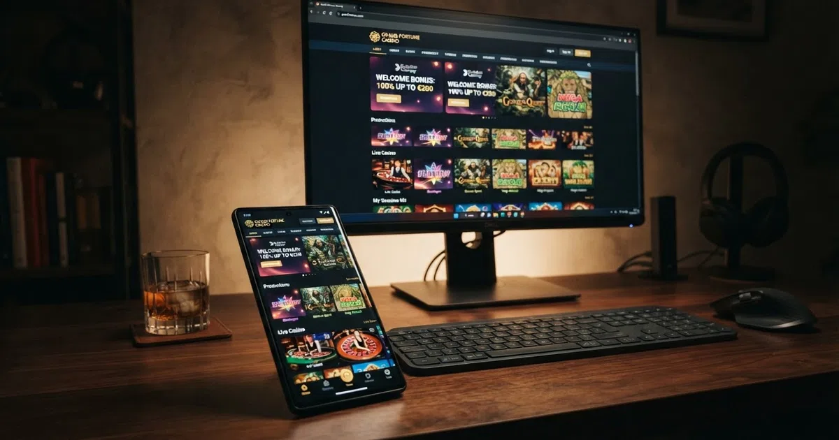 A desktop and mobile screen showing an online casino lobby with slot thumbnails, a live-dealer table and a promotions banner, against a dark gaming-themed background